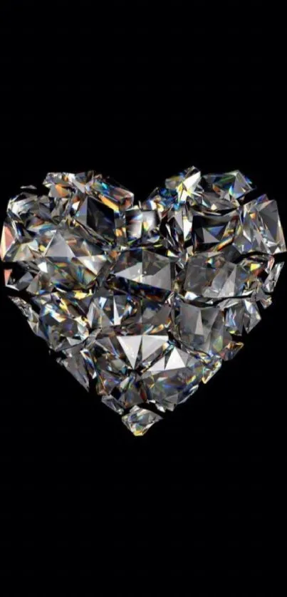 Diamond heart on black background, sparkling brightly.