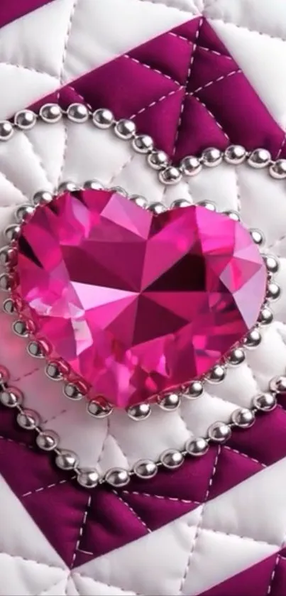 Pink diamond heart on quilted background wallpaper.