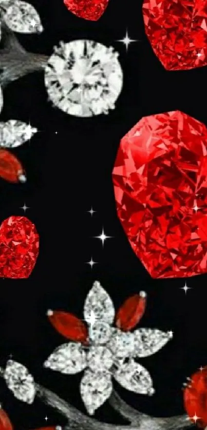 Black wallpaper with red diamond hearts and white floral patterns.