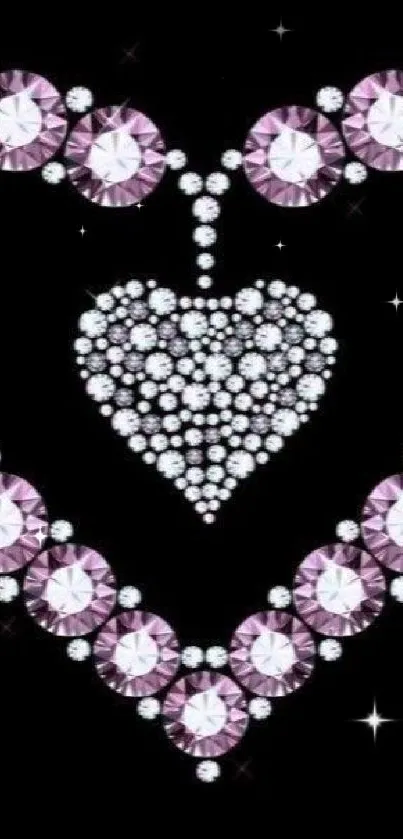 Mobile wallpaper with a sparkling gem heart design on a black background.