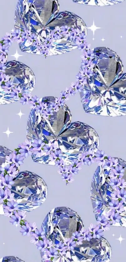 Diamond hearts decorated with purple flowers and sparkles.