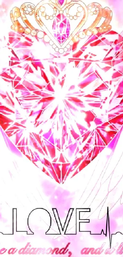 Sparkling diamond heart with angel wings on pink background.