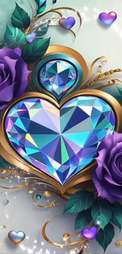Diamond heart with purple roses wallpaper design.