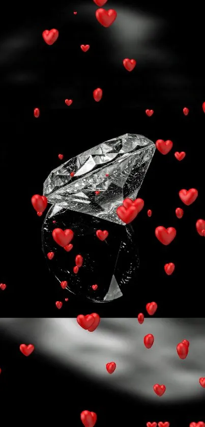 Diamond and red hearts mobile wallpaper with a black backdrop.