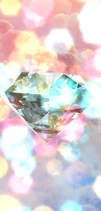 Shimmering diamond with pastel cloud background wallpaper.