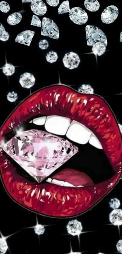 Red lips holding a diamond with sparkling gems on a black background.