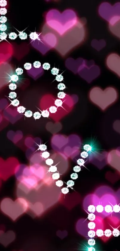 Diamond-studded 'Love' on black background mobile wallpaper.