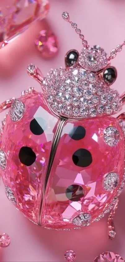 Sparkling pink diamond ladybug artwork on a phone wallpaper.