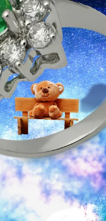 Wallpaper with diamond ring, teddy bear, and cosmic background.