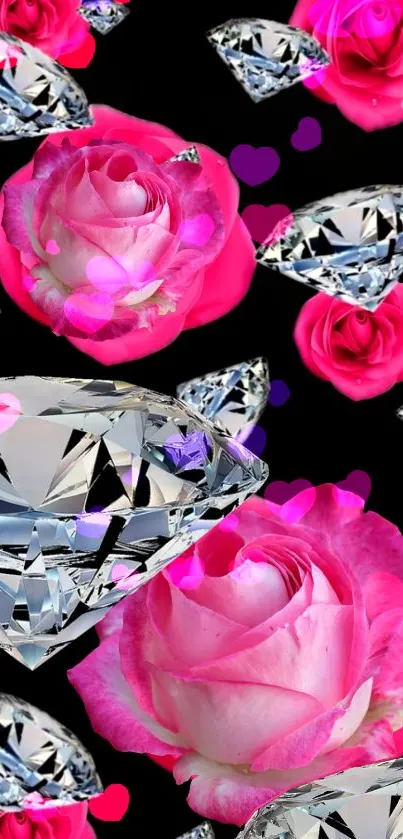 Mobile wallpaper with pink roses and diamonds on black.