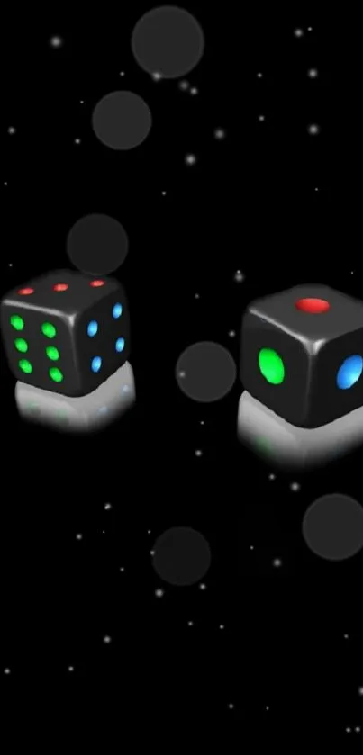 Colorful dice floating in a cosmic space on mobile wallpaper.