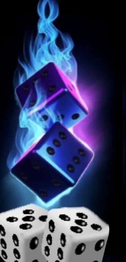 Blazing neon dice with blue flames on mobile wallpaper.