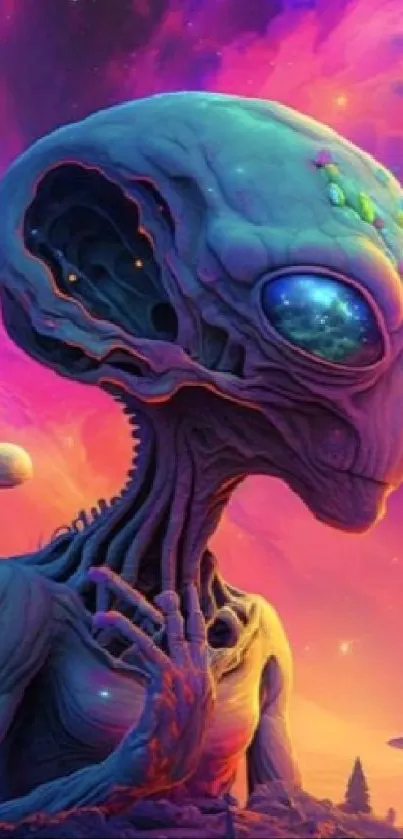 Vivid alien landscape with planets in digital art wallpaper.