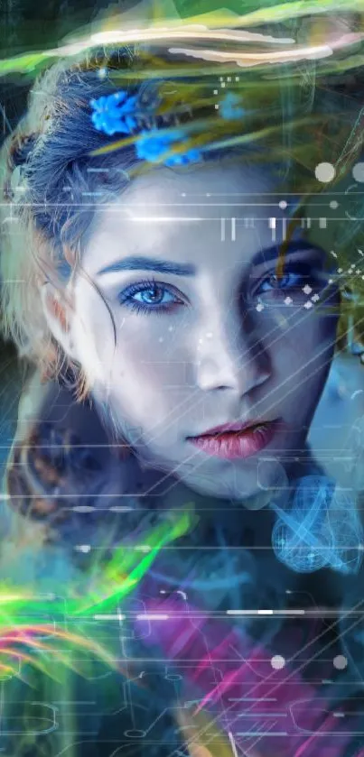 Futuristic digital portrait wallpaper with vibrant colors and abstract elements.