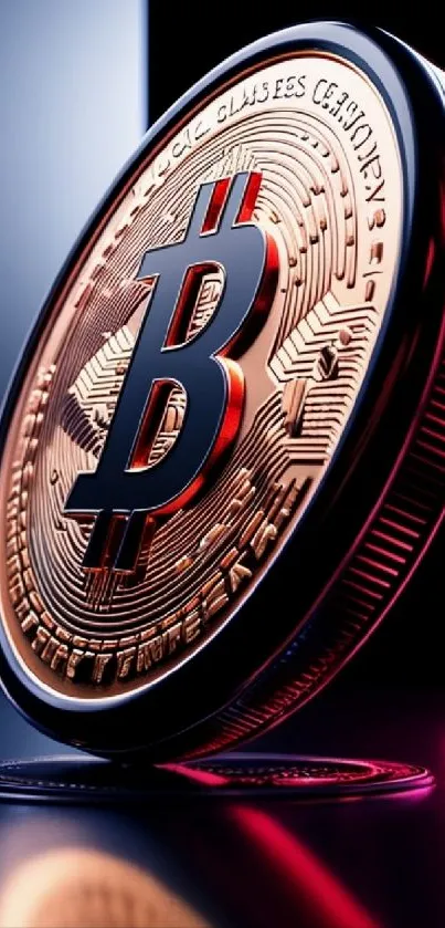 Close-up digital rendering of a Bitcoin coin.