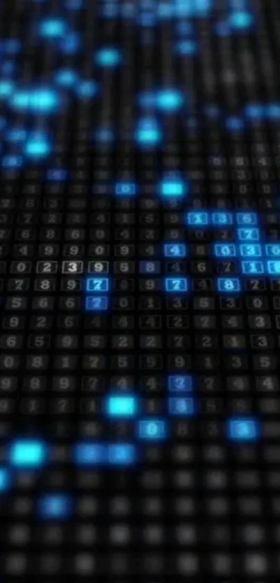 Dynamic blue matrix with numbers on black background.