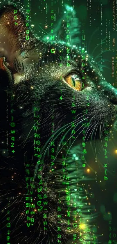 Digital cat with matrix code theme and glowing accents.