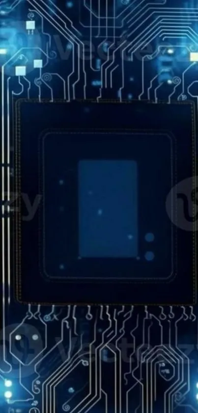Intricate digital circuit design on a blue background wallpaper.