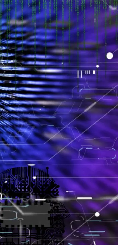 Abstract blue and purple digital circuit wallpaper with futuristic design.