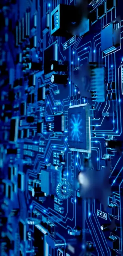 Blue digital circuit board wallpaper with intricate patterns.