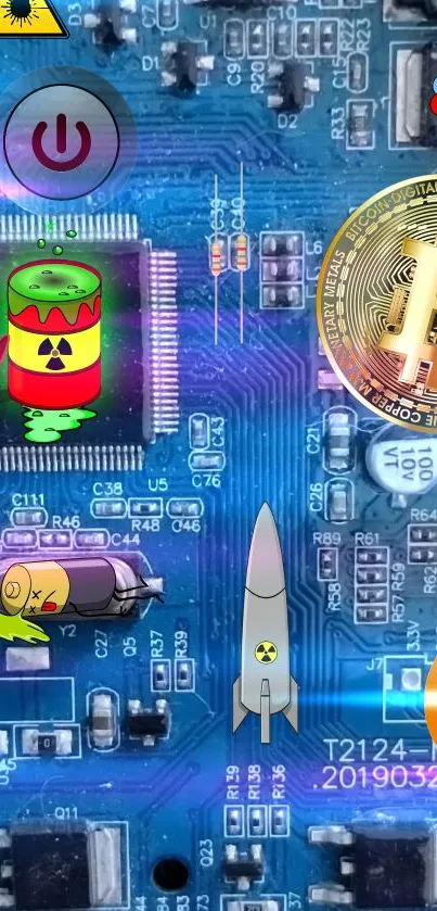 Futuristic wallpaper with digital circuits, crypto coins, and radioactive symbols.