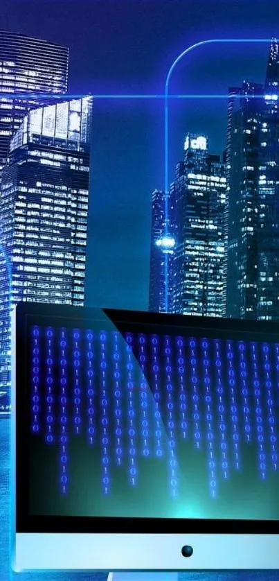 Futuristic blue digital cityscape wallpaper with skyscrapers and tech screen.