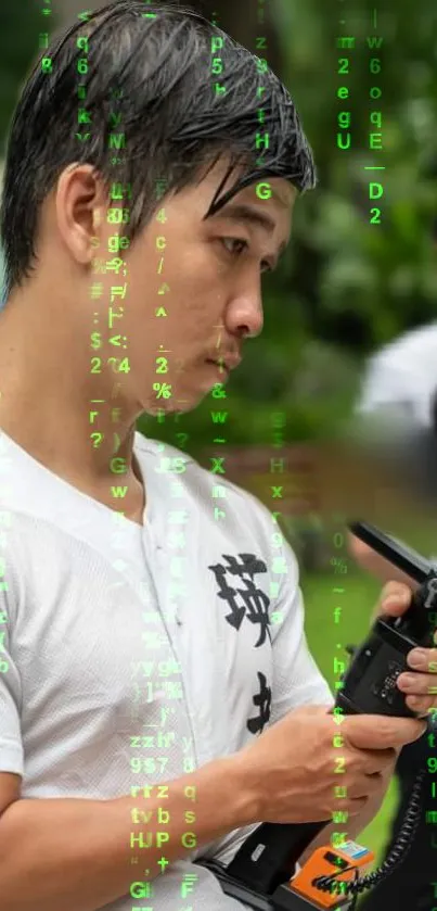 A man holding a device with green digital code overlay for a tech-themed wallpaper.