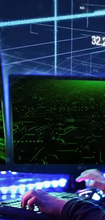 Futuristic digital circuit wallpaper with green neon glow.