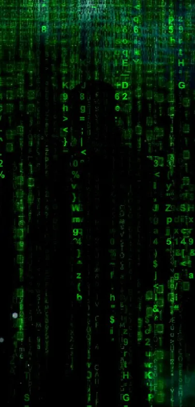 Green matrix code wallpaper with dark silhouette.