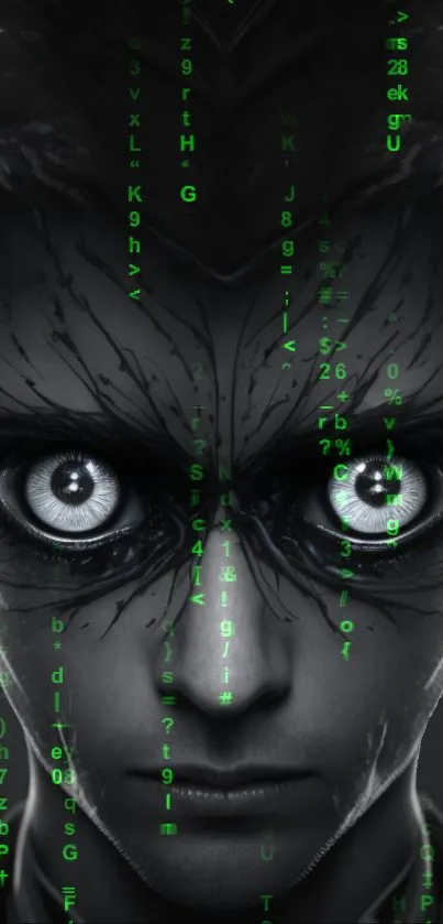 Digital artwork of a cyberpunk face with matrix code elements.