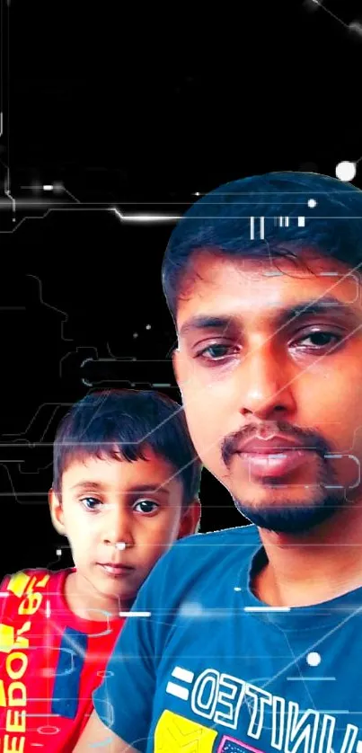 Father and child portrait with circuit background on mobile wallpaper.