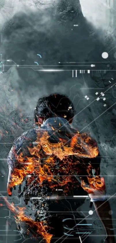 Dynamic digital wallpaper with fiery effects and a tech-inspired design.