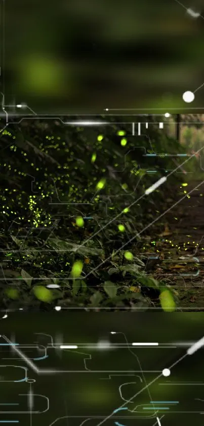 Digital forest wallpaper with glowing fireflies on a mystical path, dark green tones.