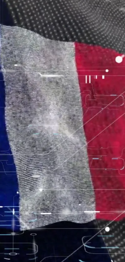 Futuristic French flag wallpaper with digital patterns in red, white, and blue.