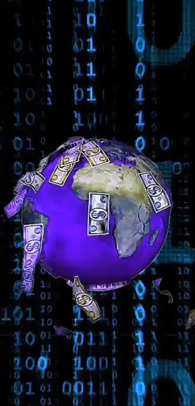 Purple globe with digital currency and binary code.