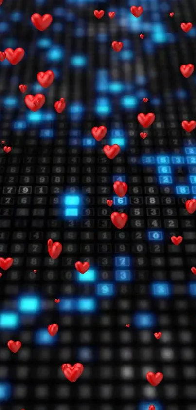 Vibrant digital wallpaper with red hearts on a blue pixelated background.