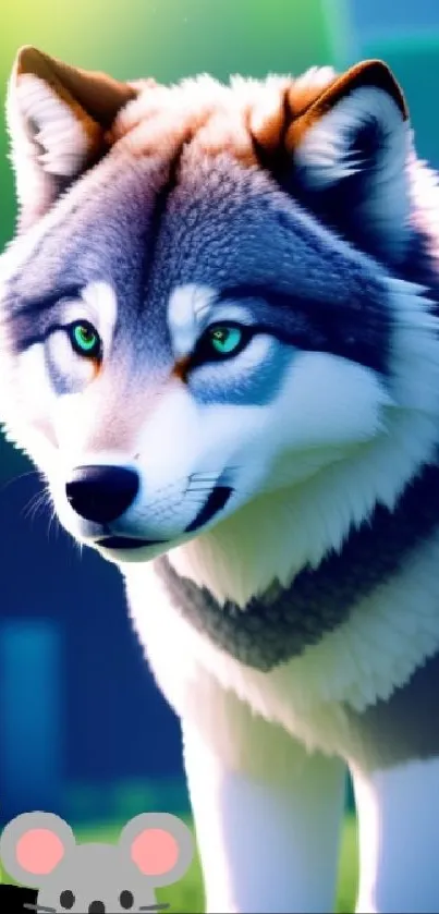 Vivid wallpaper with a husky in a digital forest.