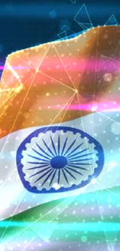 Digital rendering of the Indian flag with a blue and geometric background.