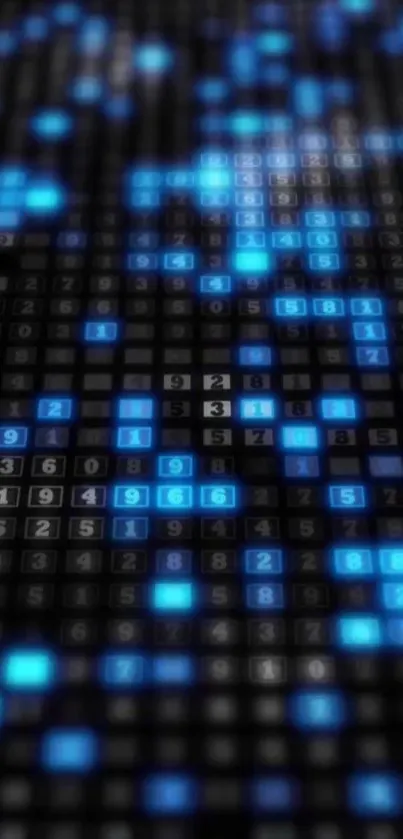 Glowing digital matrix with numeric pattern in blue hues.