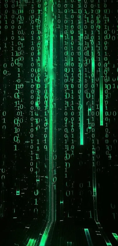 Green digital matrix wallpaper with binary code.