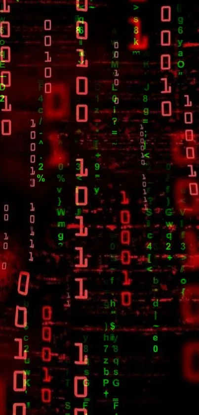 Matrix-inspired wallpaper with red and green binary code on dark background.