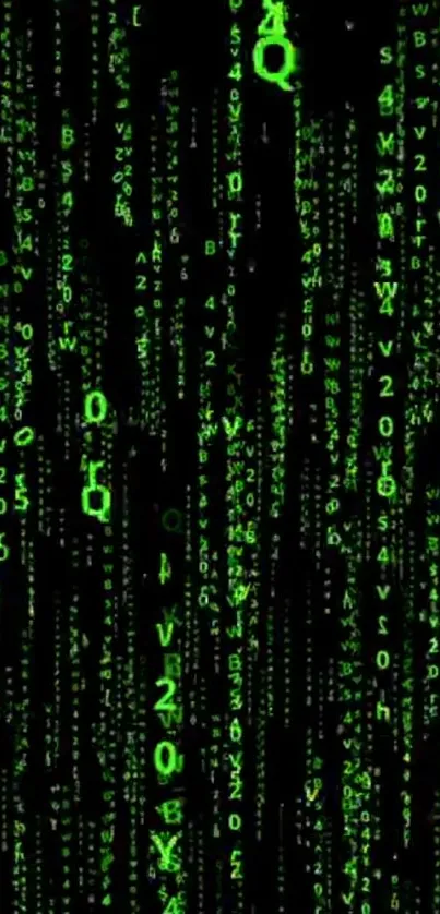 Green digital characters cascade on a black background, creating a matrix code effect.