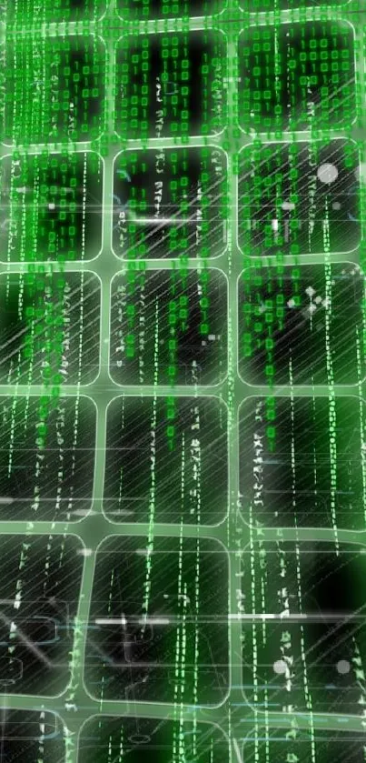 Green digital matrix code wallpaper with futuristic grid design.