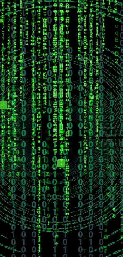 Green digital matrix code wallpaper with binary numbers.