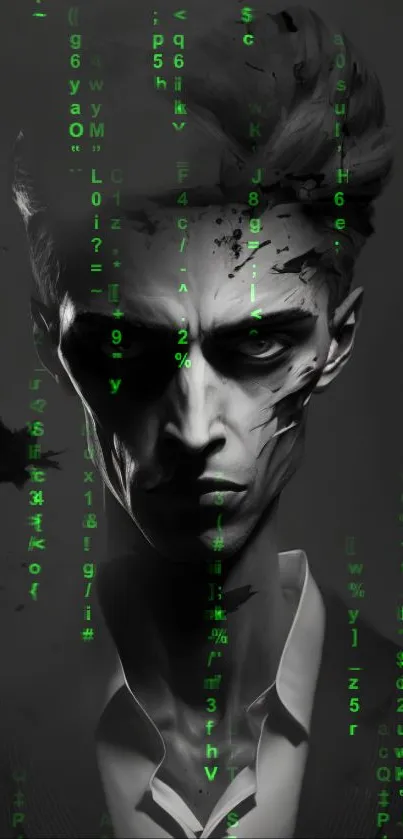 Digital art wallpaper of mysterious character with green matrix code.