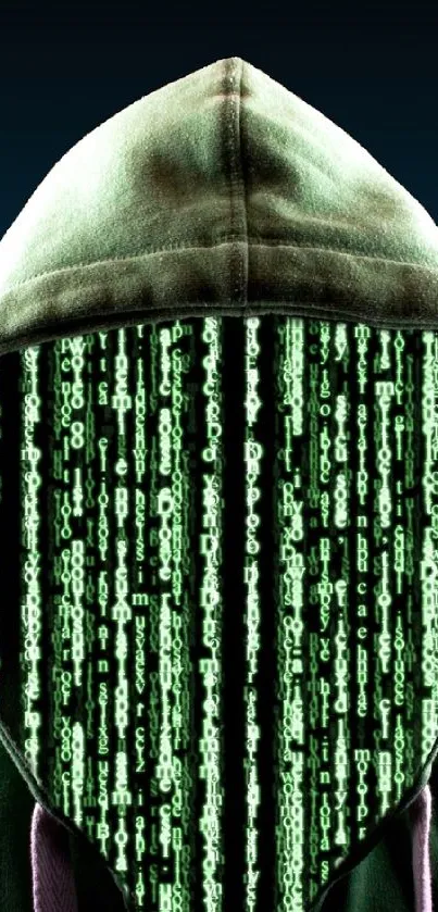 Matrix code hooded figure wallpaper with green binary text.