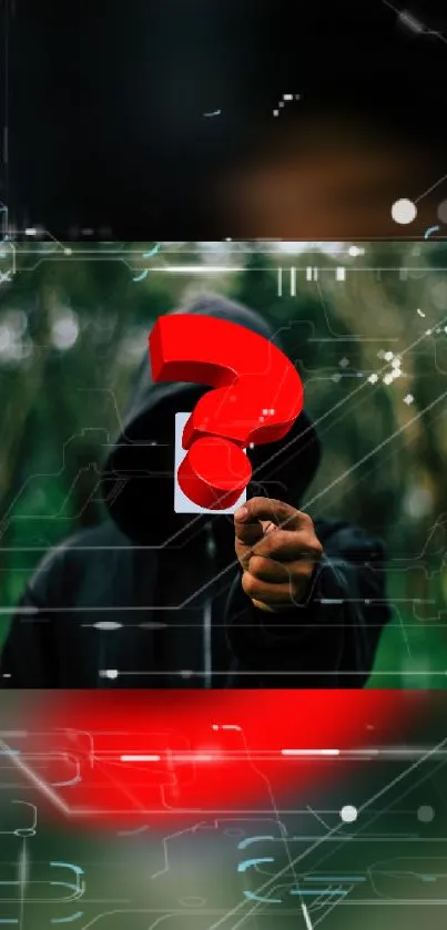 Hooded figure with red question mark and digital tech graphics.