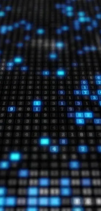 Digital pixel matrix with bright blue lights on a dark background wallpaper.