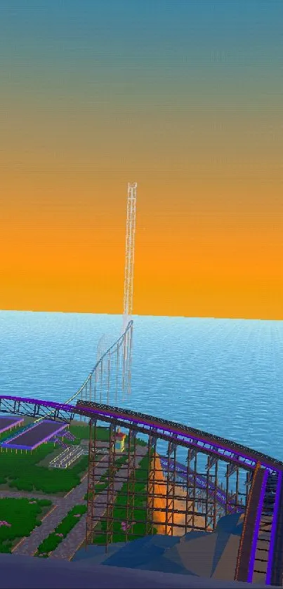 Digital roller coaster ride at sunset over the ocean.