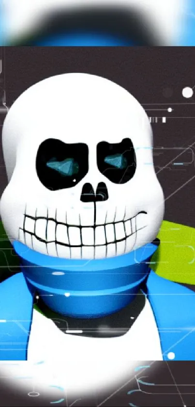 Vibrant digital art of a blue-scarved skeleton character on a phone wallpaper.